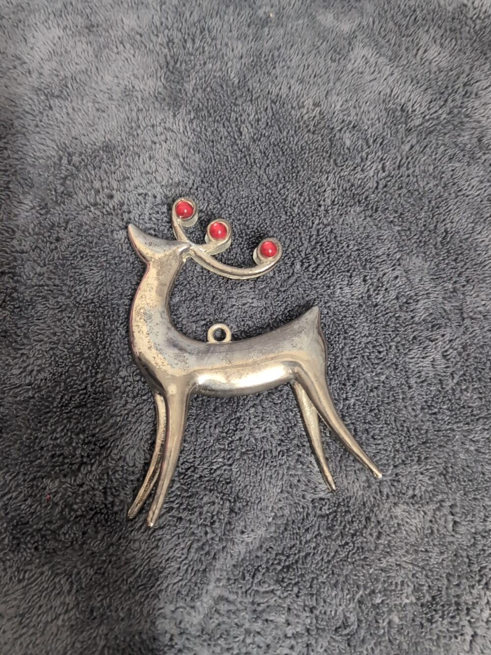 Vintage Silvertone Metal Reindeer Ornament With Red Horn Stones